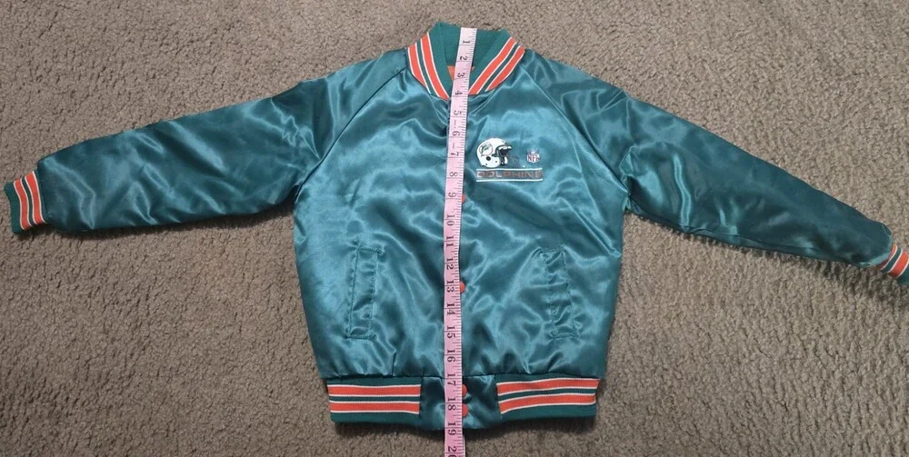 VTG 90s NFL MIAMI DOLPHINS CHALK LINE SATIN JACKET BOMBER SPELLOUT KIDS SZ 6/7